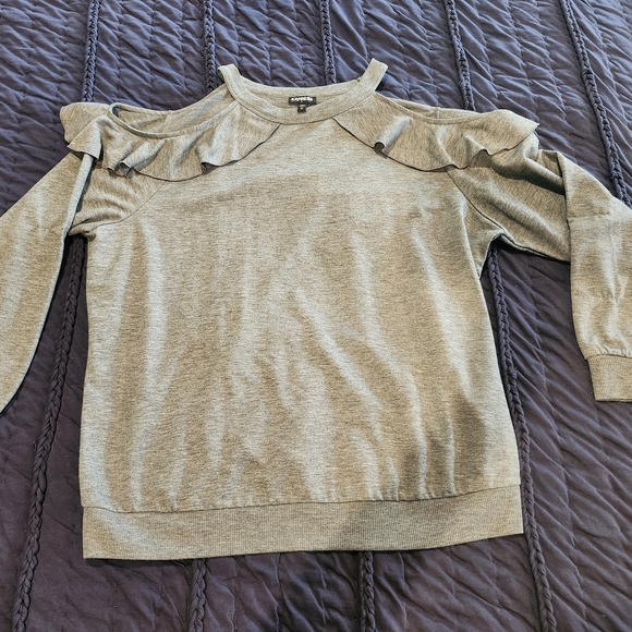 Express Gray Ruffle Cold Shoulder Sweatshirt - Picture 1 of 8
